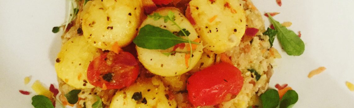 Wild Pan Seared Scallops &Tomatoes over Organic Cauliflower Risotto