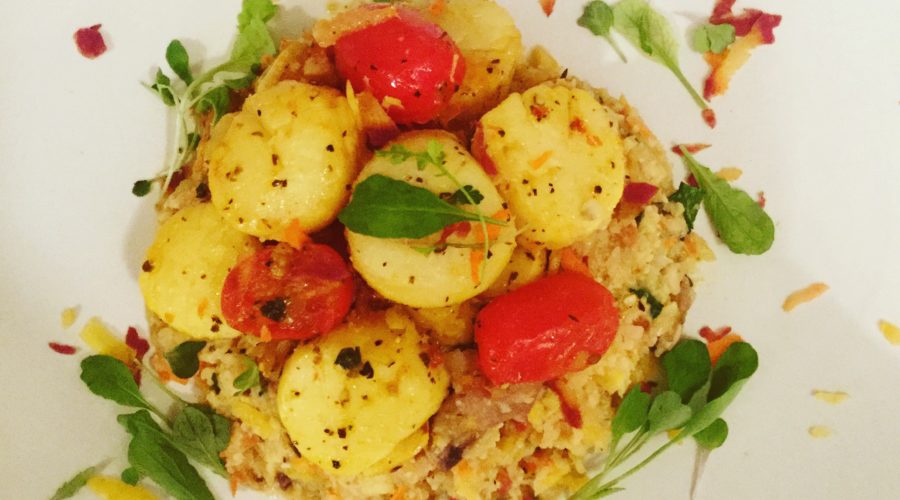 Wild Pan Seared Scallops &Tomatoes over Organic Cauliflower Risotto