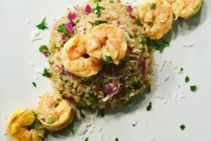 Cilantro, Coconut, & Lime Shrimp over Confetti Coconut Cauliflower Rice